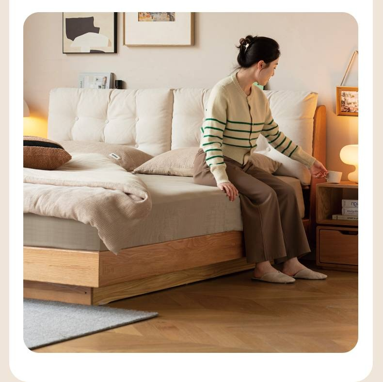 Oak Solid Wood with Upholstered Headboard Luminous Box Bed Cream Style