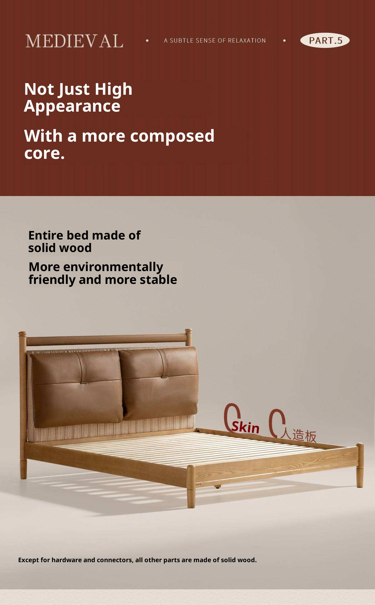Ash Solid Wood Bed with Plush Genuine Leather Cushioned Headboard