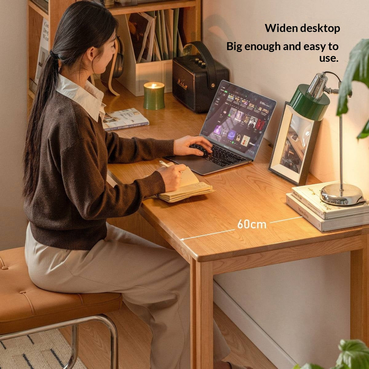 Cherry Solid Wood Office Desk with Integrated Bookshelf