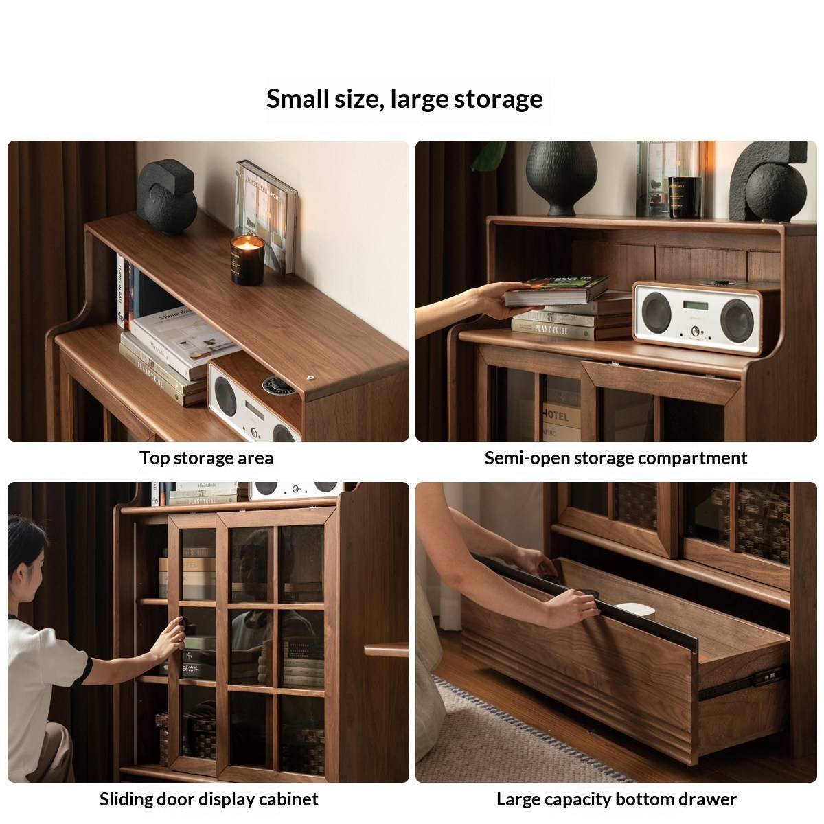 Black Walnut, Oak Solid Wood Bookcase with Storage Cabinet and Built-In Light