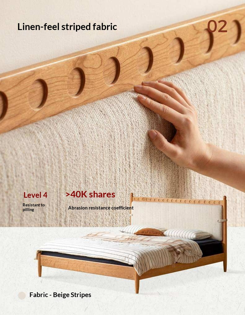 Cherry Solid Wood Double Bed with Vintage Style and Leather Upholstered Headboard