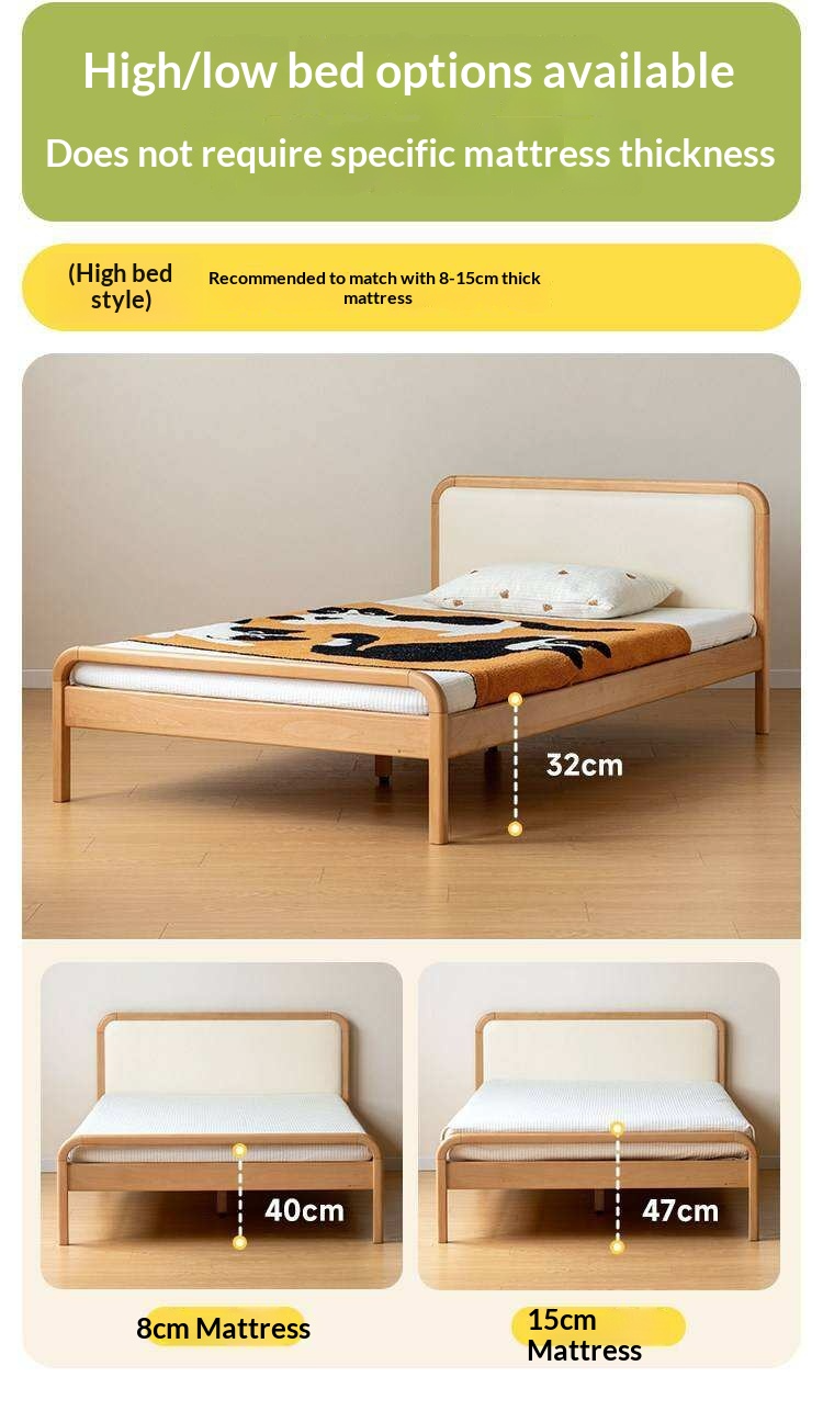 Beech Solid Wood Kids Bed with Adjustable Height and Rounded Corner Headboard