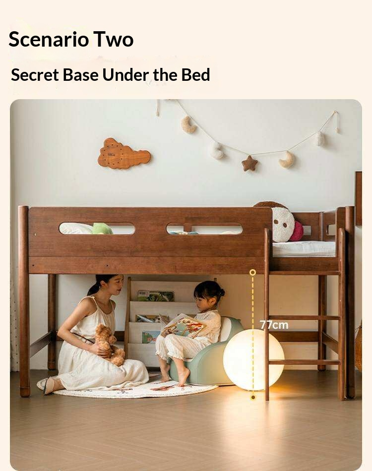 Rubberwood Solid Wood Mid-Height Kids Loft Bed with Staircase and Bookshelf Storage