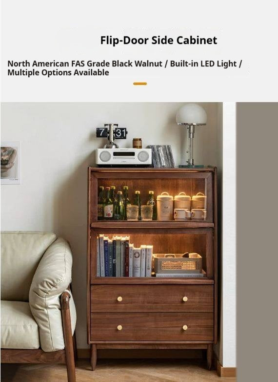 Sandalwood, Black Walnut, Oak Solid Wood Side Cabinet Flip Door LED Lights