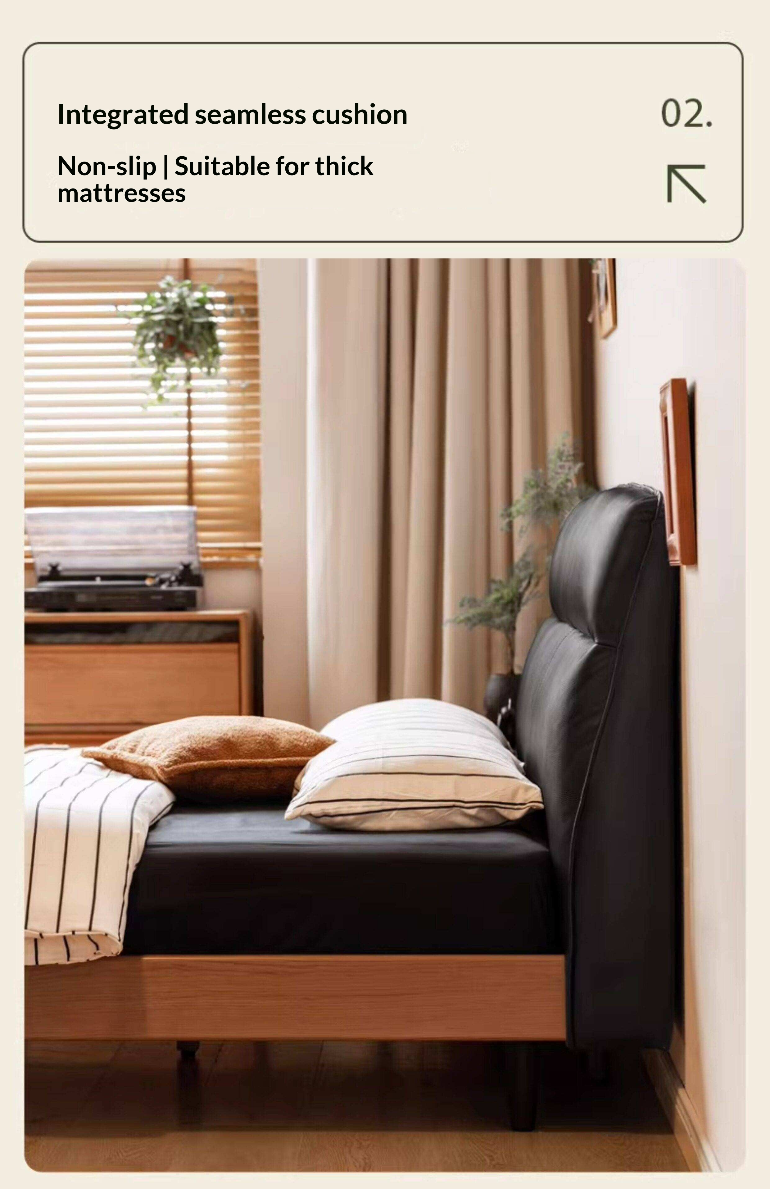 Cherry Solid Wood Genuine Leather Curved Upholstered Headboard Platform Bed