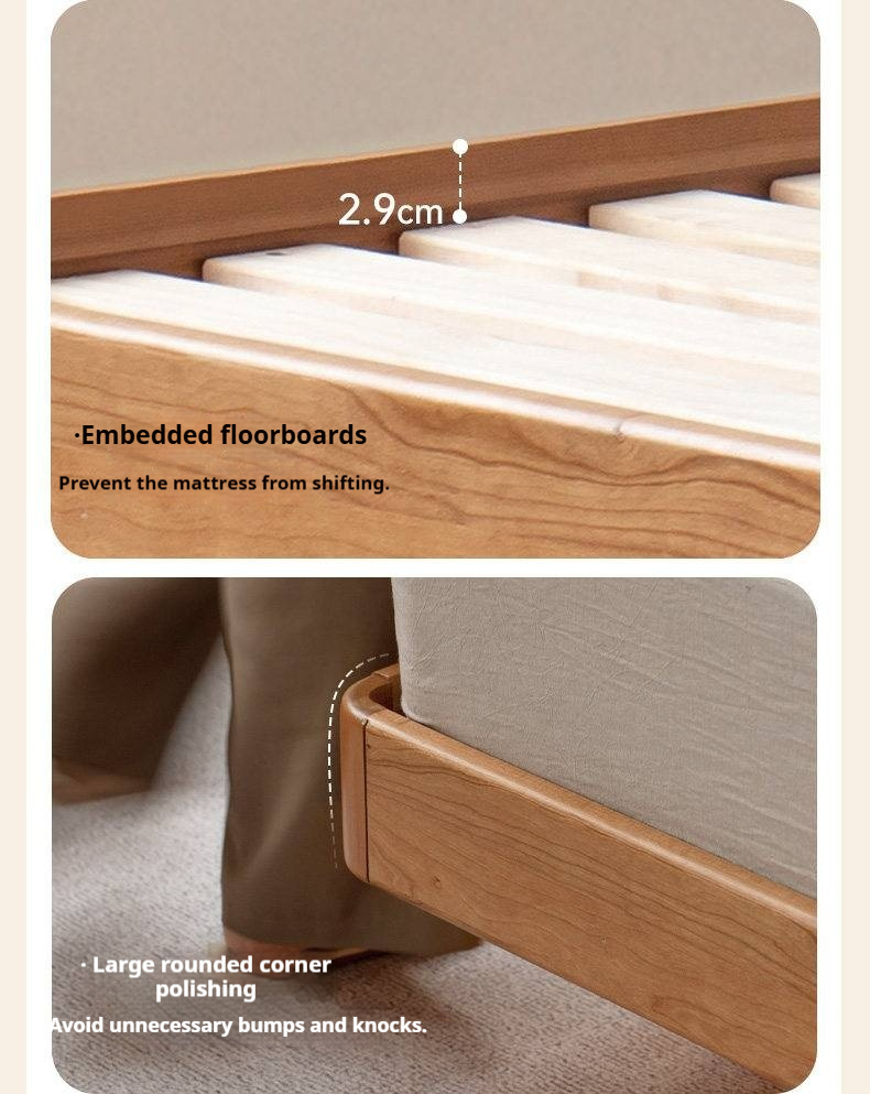 Cherry Solid Wood Upholstered Bed — Platform Bed, Headboard-Free Bed Floor Style, Simple Floating Bed