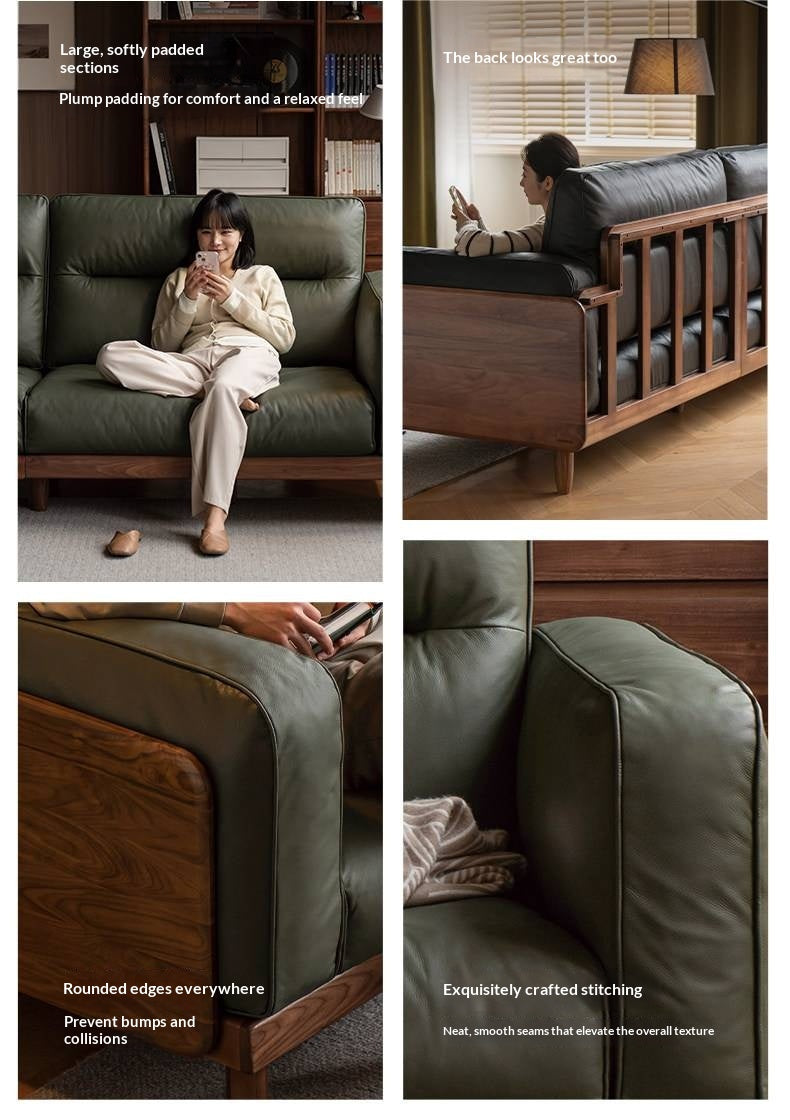 Black Walnut, Ash,  Sandalwood Solid Wood Genuine Leather, fabrics Sofa with High-Back Design