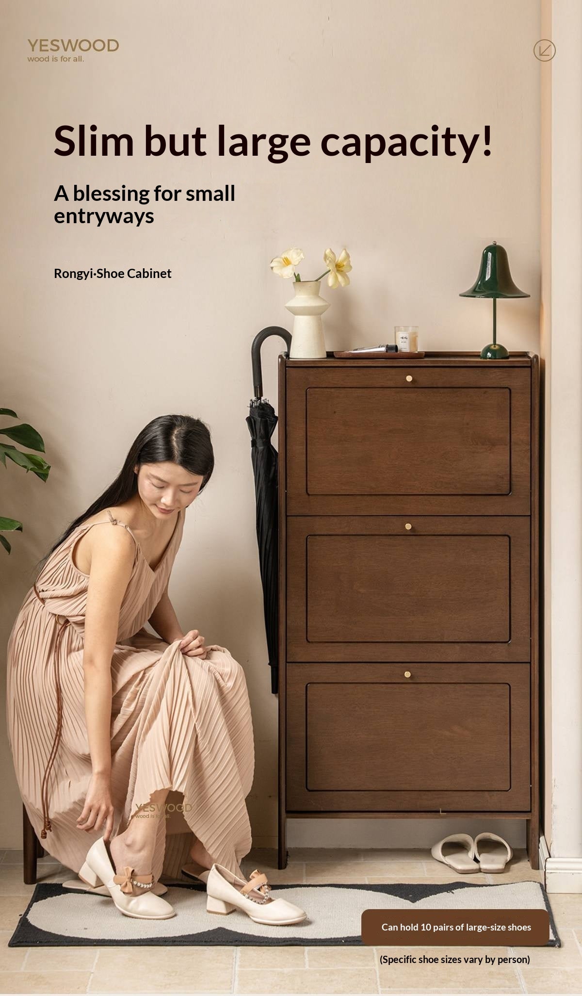 Rubberwood Solid Wood Shoe Cabinet with Space Saving Flip Storage