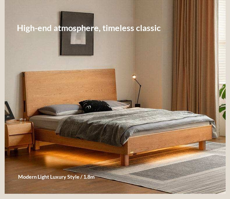 Cherry Solid Wood Bed Modern Minimalist Luminous Bed