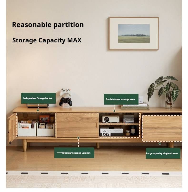 White Ash, Ash Solid Wood TV Stand with Sliding Doors and Sleek Finish