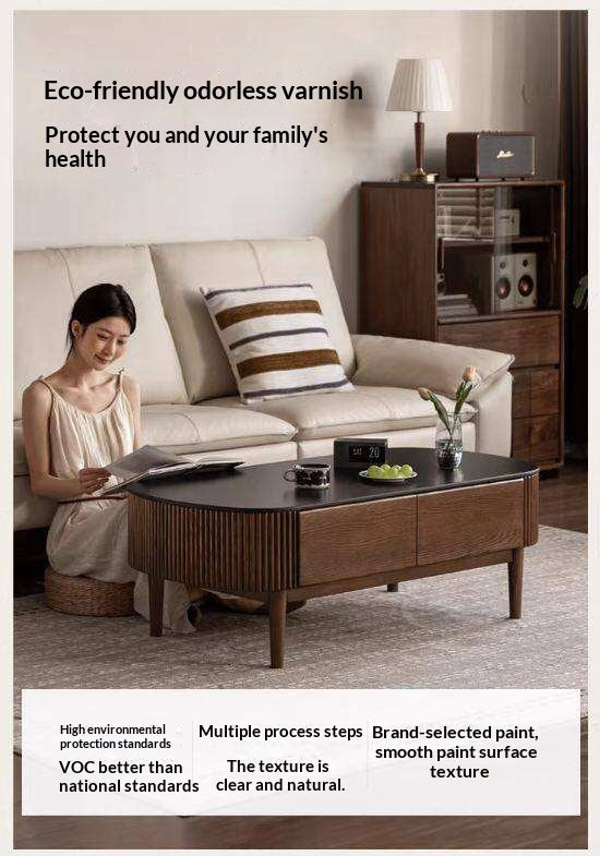 Oak Solid Wood Coffee Table with Rock Plate Surface