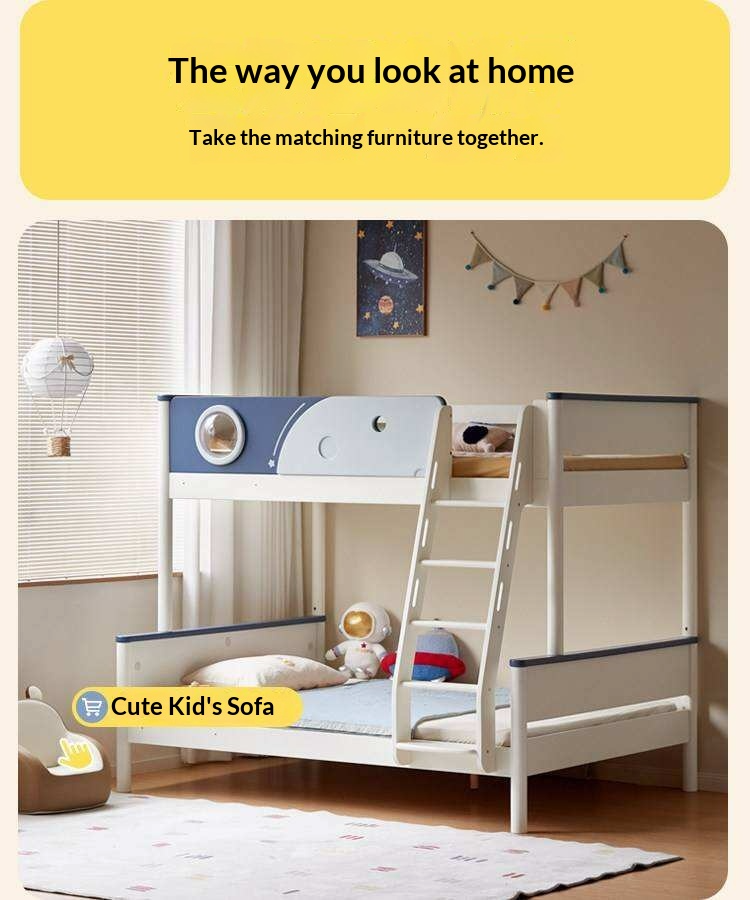 Rubberwood Solid Wood Spaceship-Themed Bunk Bed with Porthole Window