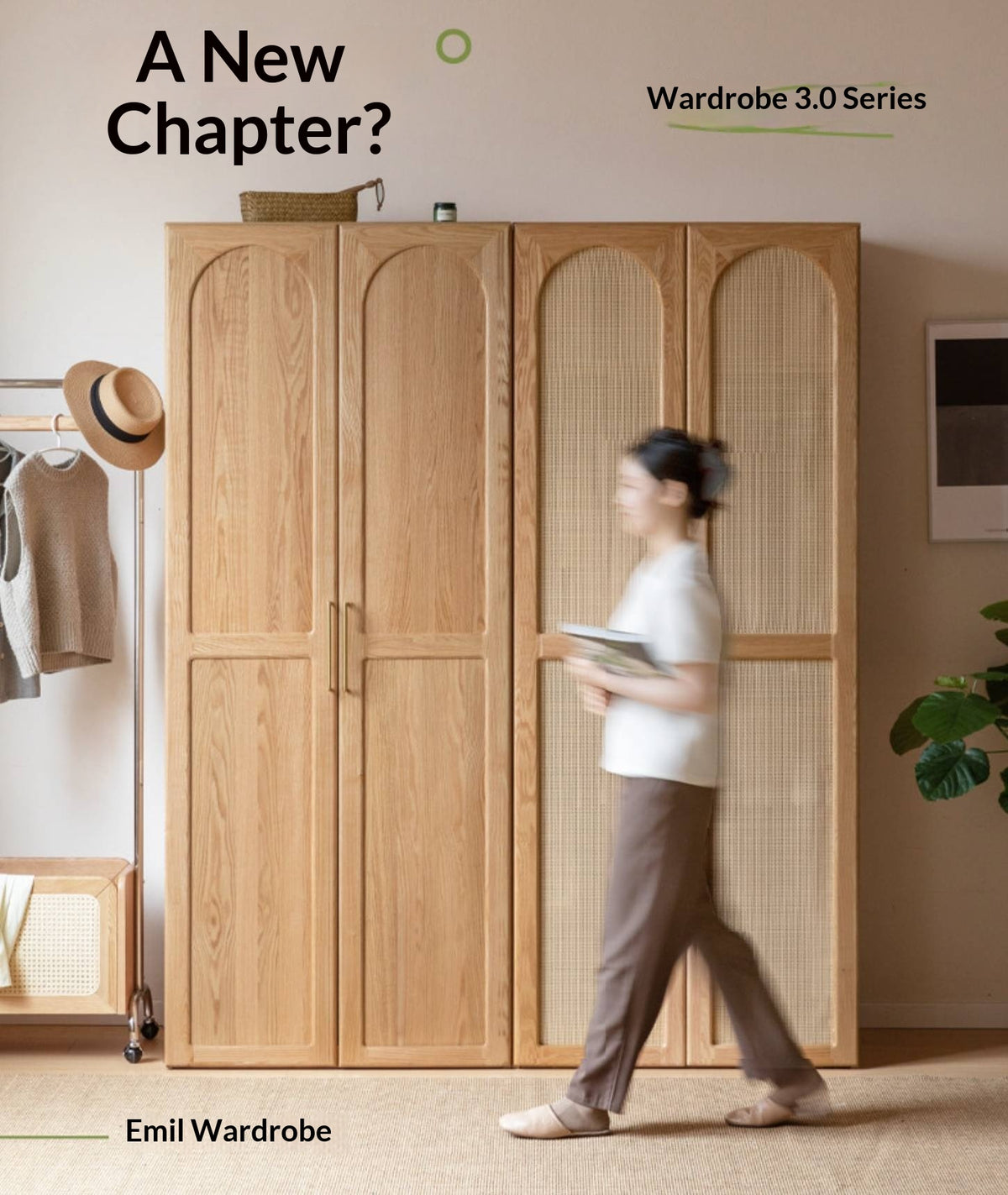 Oak Solid Wood Arched Rattan Door Wardrobe