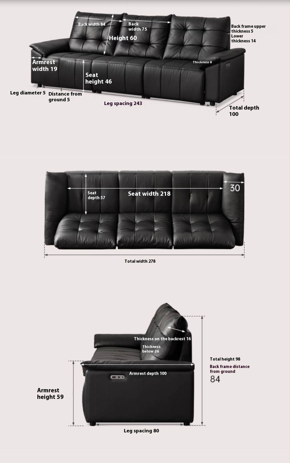 Pine Solid Wood Big Black Functional Leather Sofa