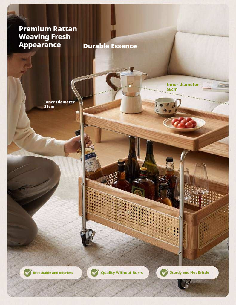 Oak Solid Wood Side Table with Double Layer Storage and Rattan Accents, Mobile