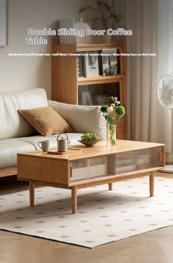 Oak, Beech, Solid Rubberwood Glass Doors Coffee Table