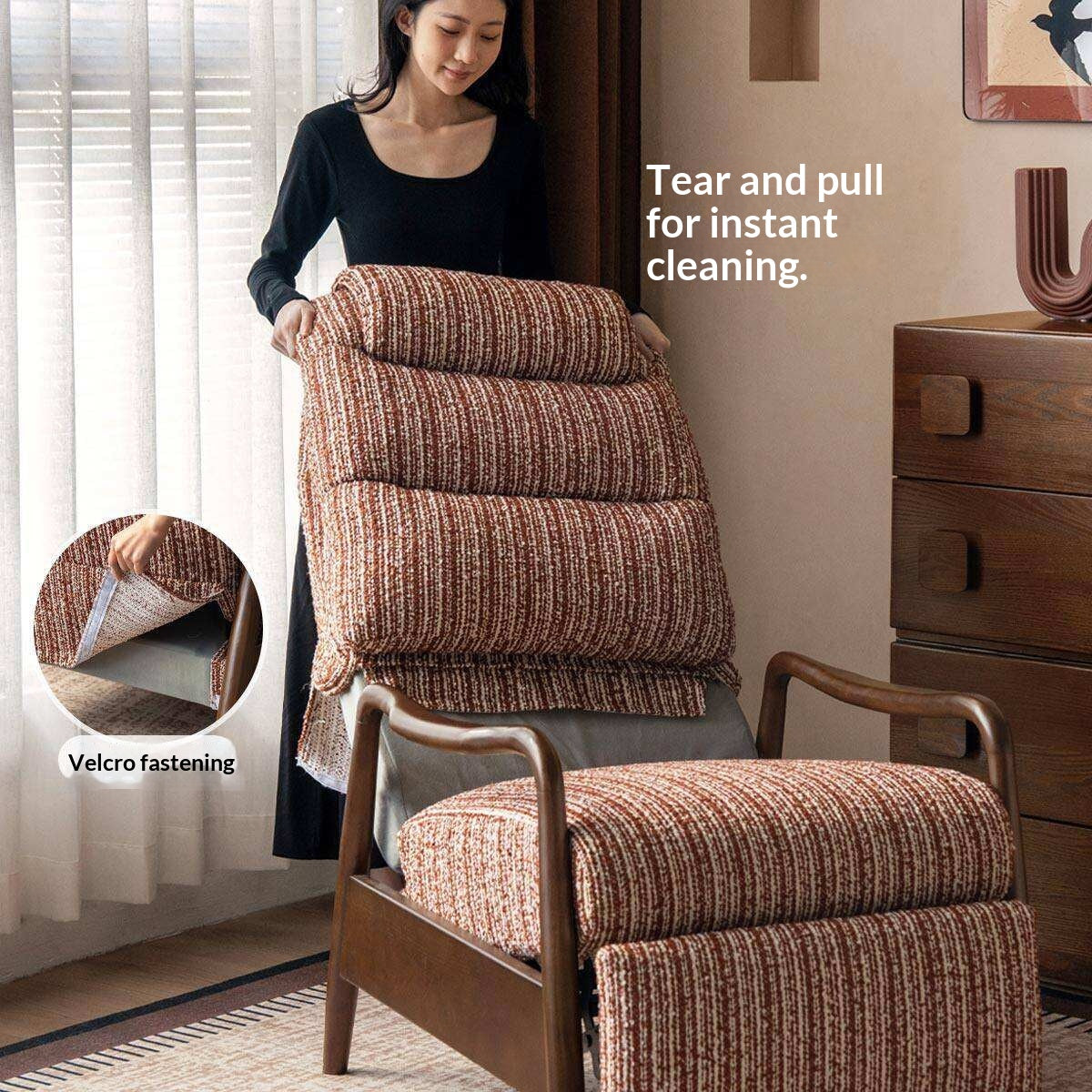 Ash Solid Wood Recliner Chair, Adjustable Upholstered Lounge Chair with Removable Washable Cover