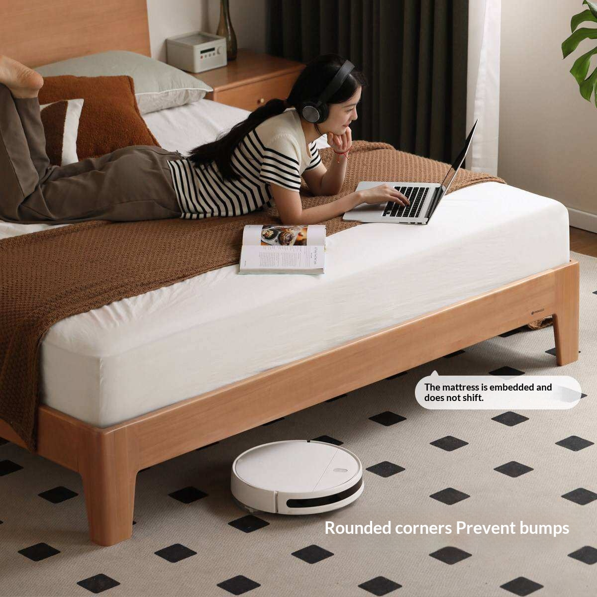 Cherry Solid Wood Platform Bed with Slightly Reclined Panel Headboard and Tapered Legs