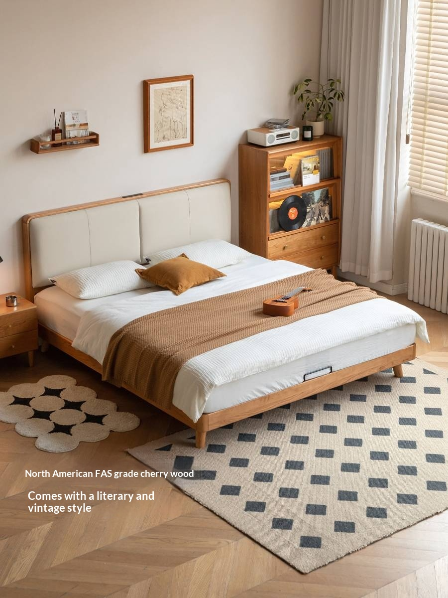 Cherry Solid Wood Bed with Top Layer Cowhide Soft Headboard Retro Style