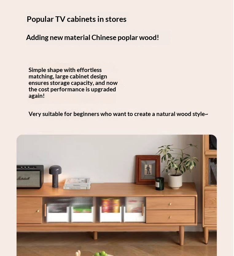 Poplar Solid Wood Glass Sliding Door Storage TV cabinet.