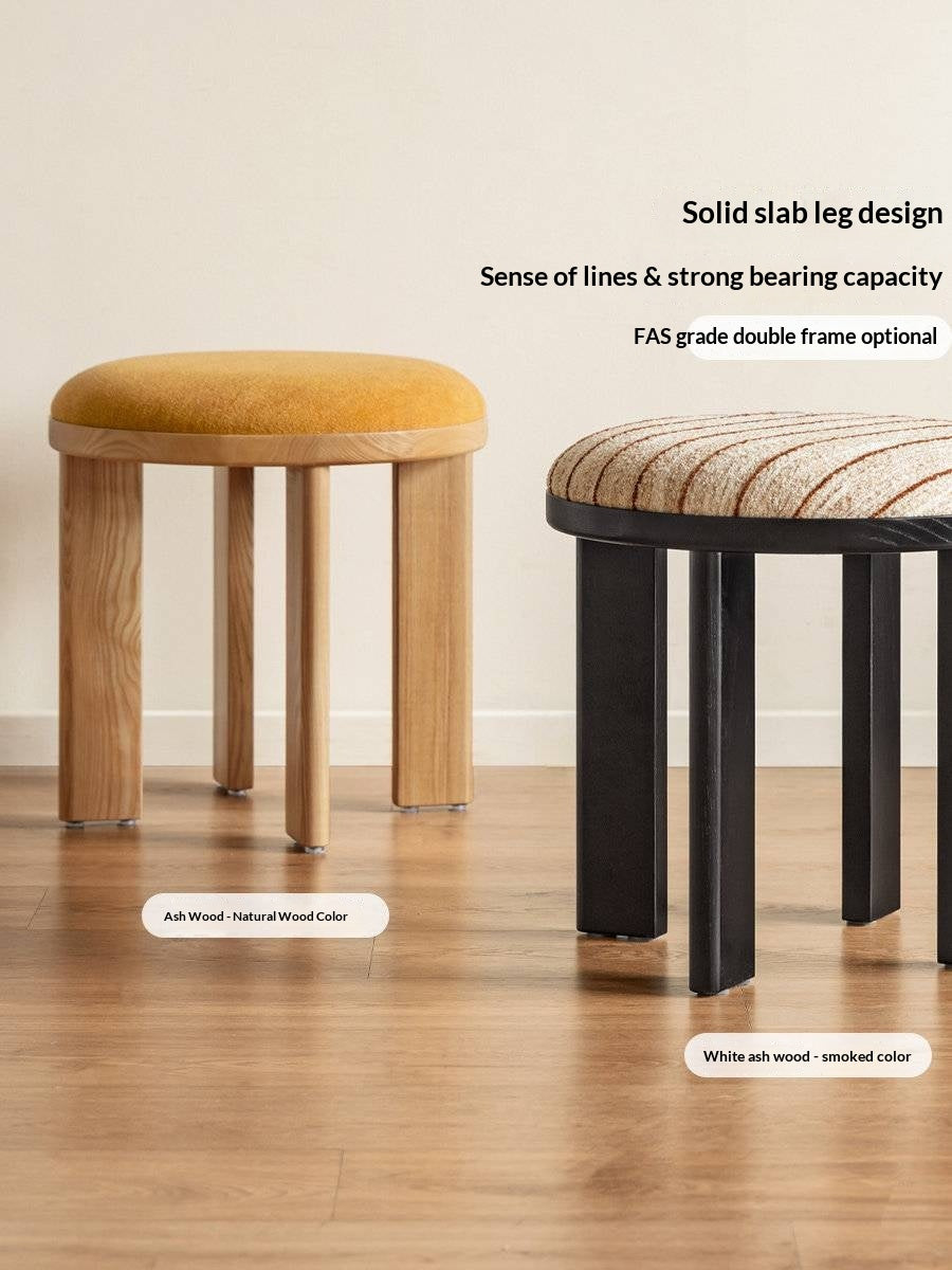 Ash Solid Wood Round Upholstered Stool with Slab Wood Legs