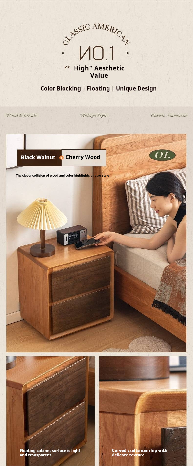Black Walnut, Cherry Solid Wood Nightstand
