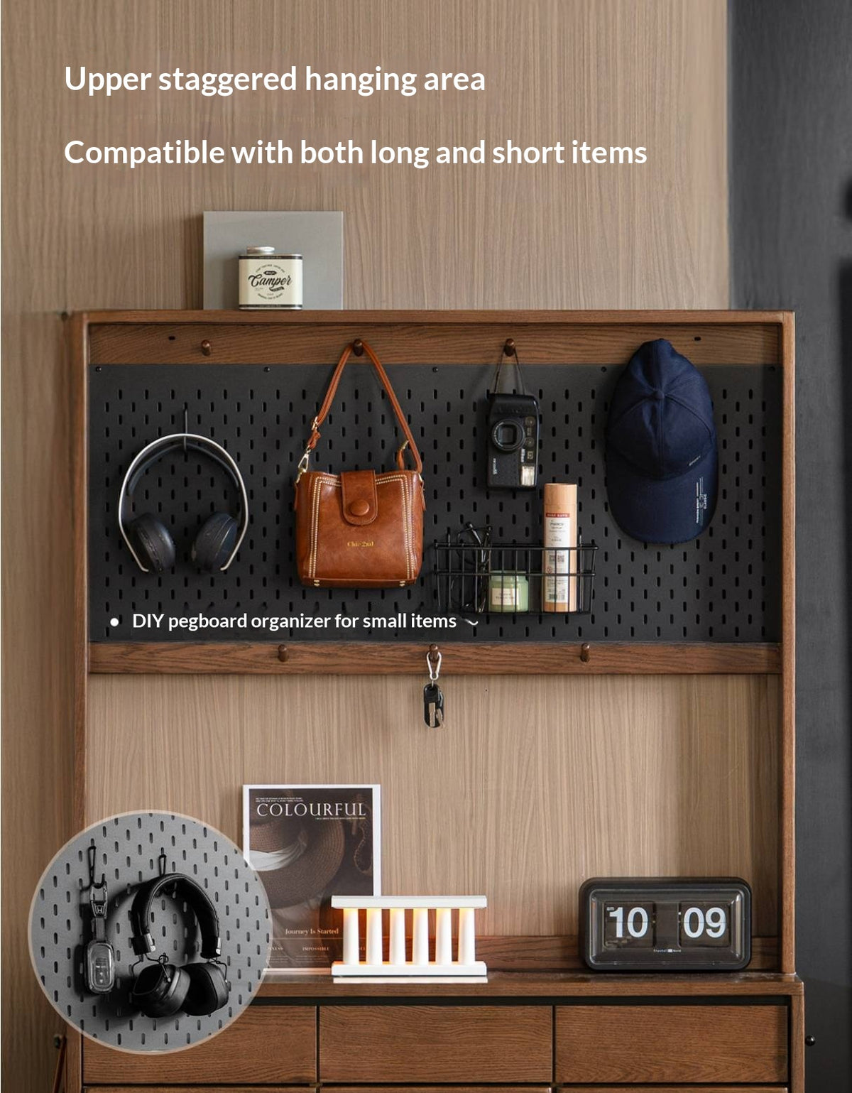 Oak Solid Wood Large Entryway Shoe Cabinet with Pegboard Hutch and Drawers, Walnut Finish