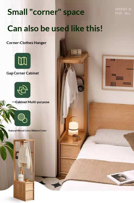 Oak Solid Wood Corner Valet Stand with Garment Rail and Storage Drawers