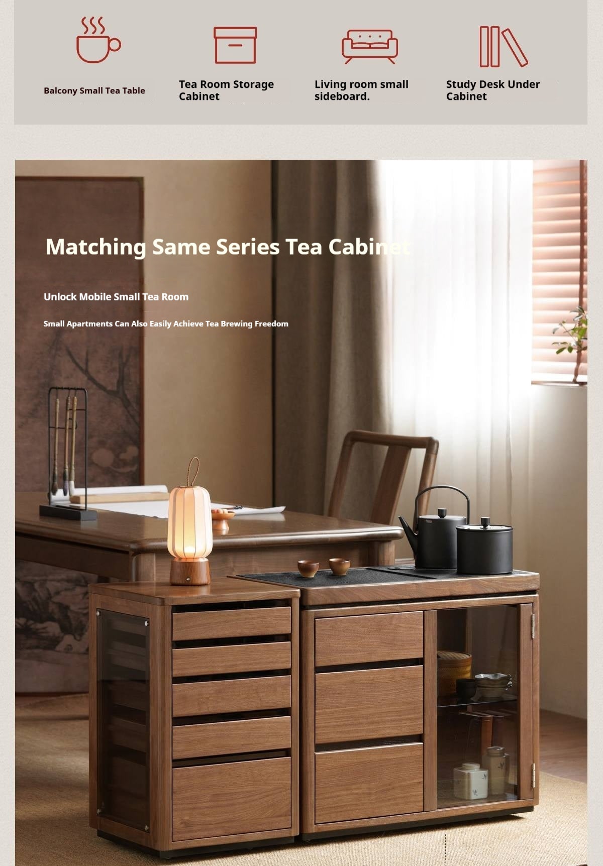 Black Walnut Solid Wood Tea Set Storage Rolling Side Cabinet with Fluted Drawers