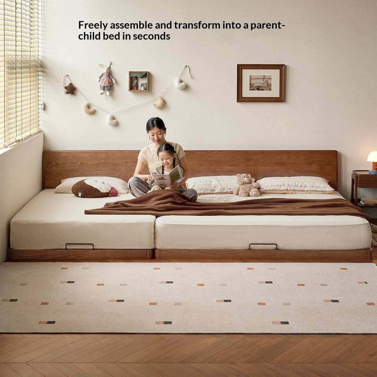 Oak Solid Wood Bed with Removable Headboard and Low Floor Design