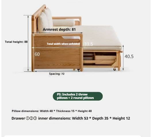 Oak solid wood Convertible Daybed Sofa with Integrated Storage