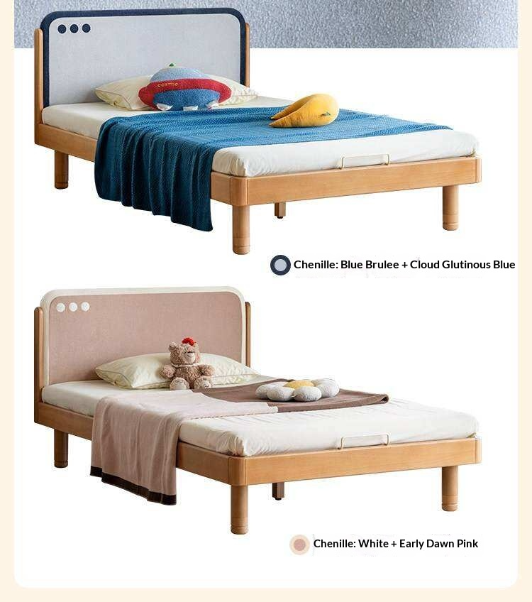 Beech Solid Wood Kids Montessori Platform Bed with Upholstered Headboard