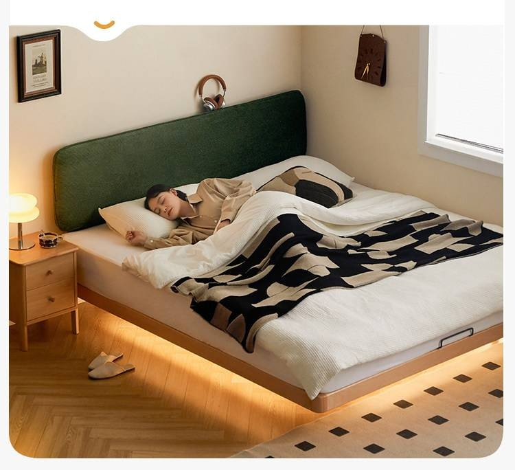 Beech Solid Wood Upholstered Bed — Retro Style with Floating Design, Luminous Light, Luxury Finish
