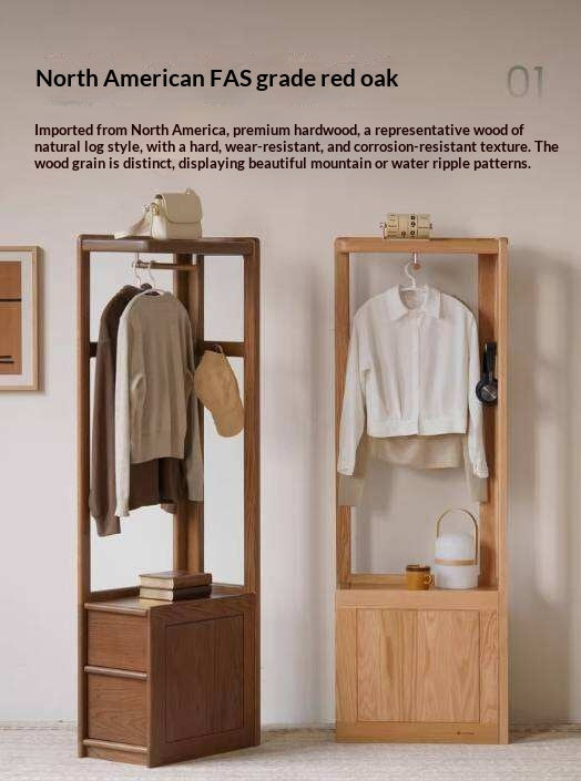 Oak Solid Wood Corner Valet Stand with Garment Rail and Storage Drawers