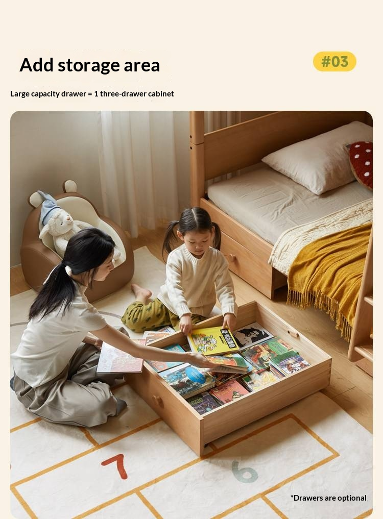 Beech Solid Wood Convertible Bunk Bed with Storage Drawers