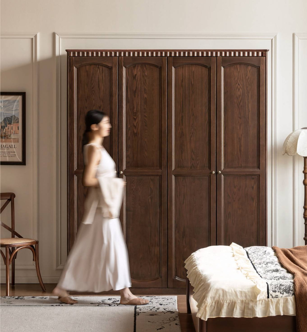 Ash Solid Wood Traditional 4-Door Armoire with Raised Panel Doors and Crown Molding