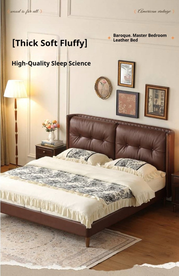 Ash solid wood Genuine Leather Tufted Wingback Bed with Extra Tall Headboard