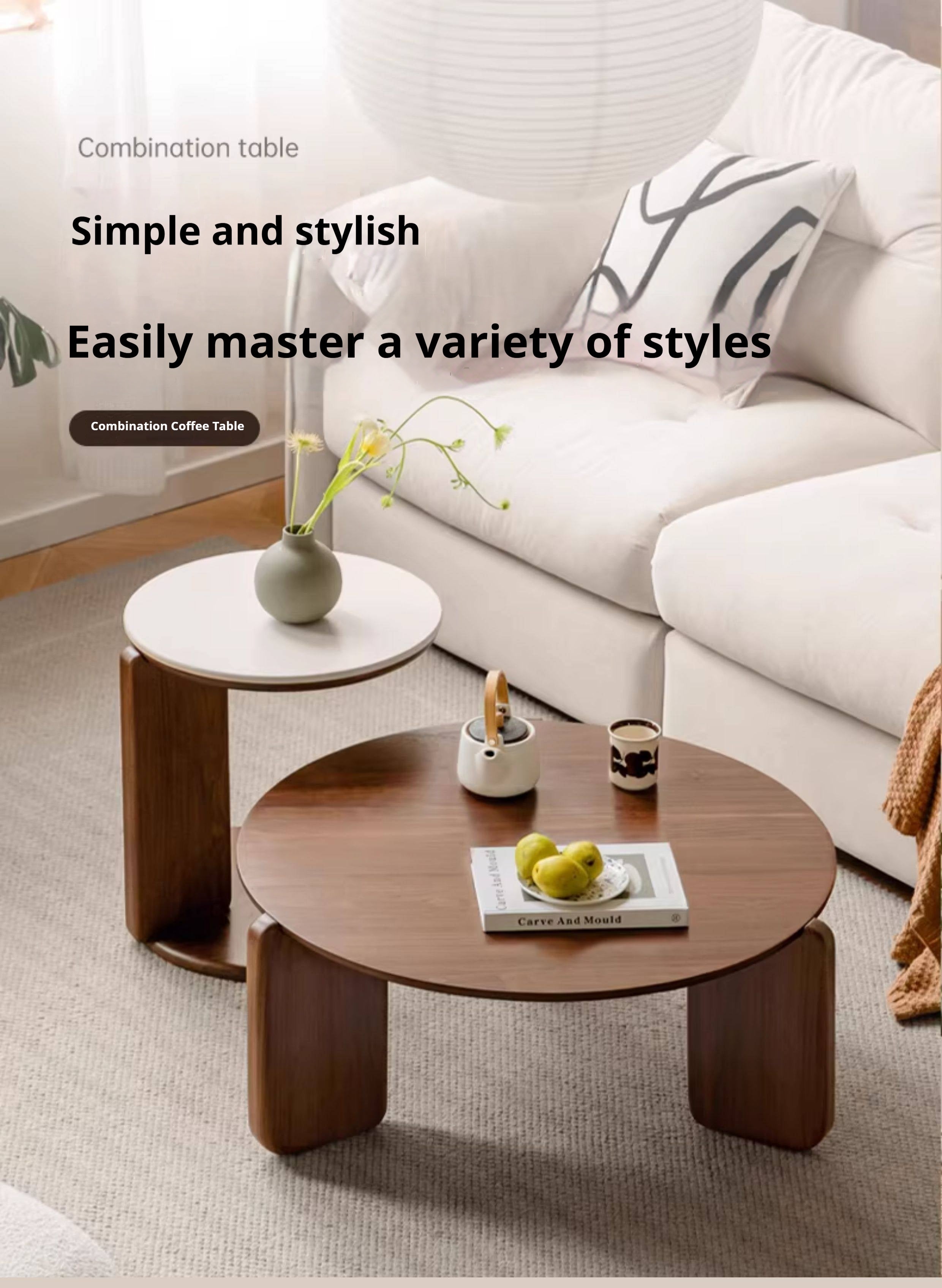 Black Walnut, Sandalwood, Oak Solid Wood, Solid Longan Hardwood Slate Round Coffee Table