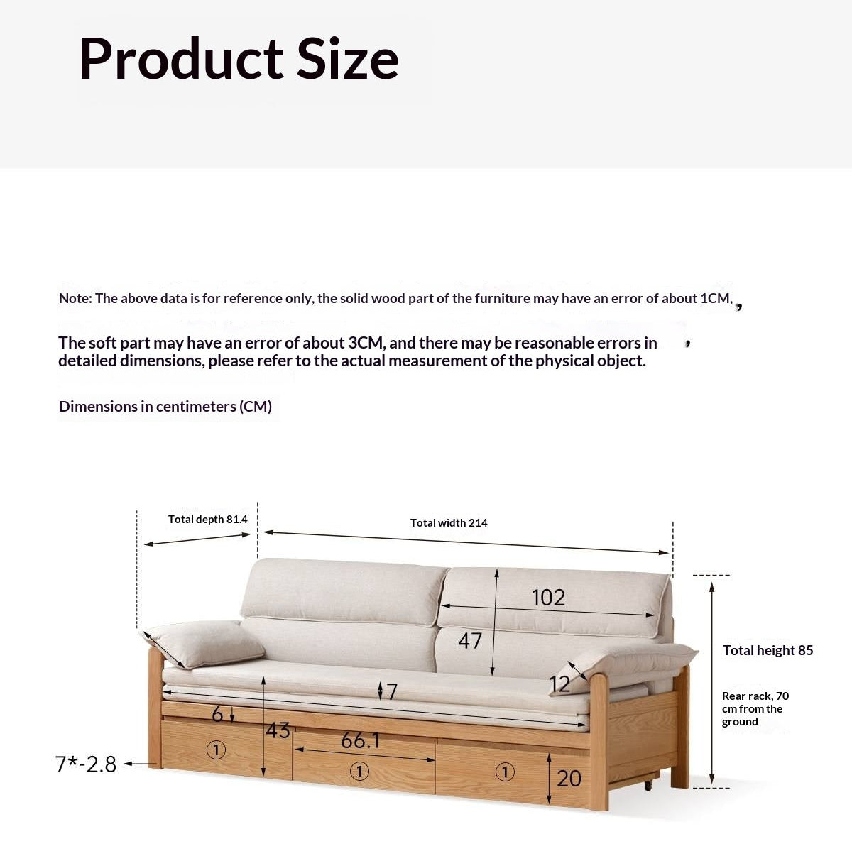 Oak Solid Wood Sofa Bed with Under-Seat Storage Drawers
