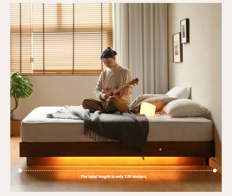Black Walnut Solid Wood Platform Box Bed, Headboard-Free Bed Night Light Suspended Bed
