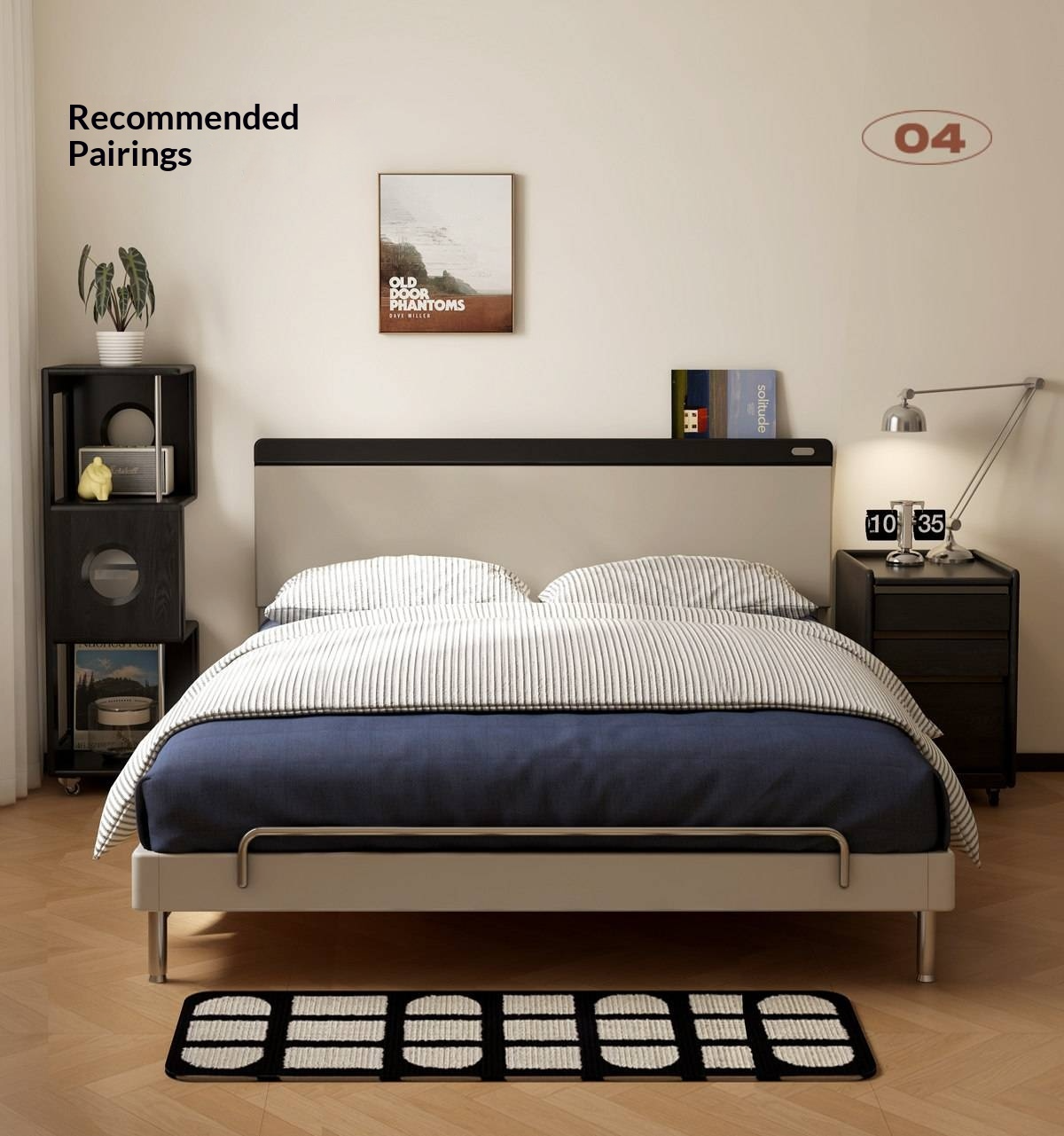 Rubberwood Solid Wood Bauhaus Platform Bed with Adjustable Headboard and Stainless Steel Legs