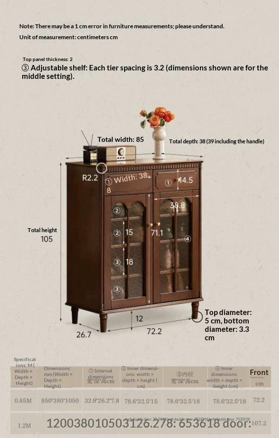 Solid Longan Hardwood French Vintage Shoe Cabinet with Arched Glass Doors and Adjustable Shelves
