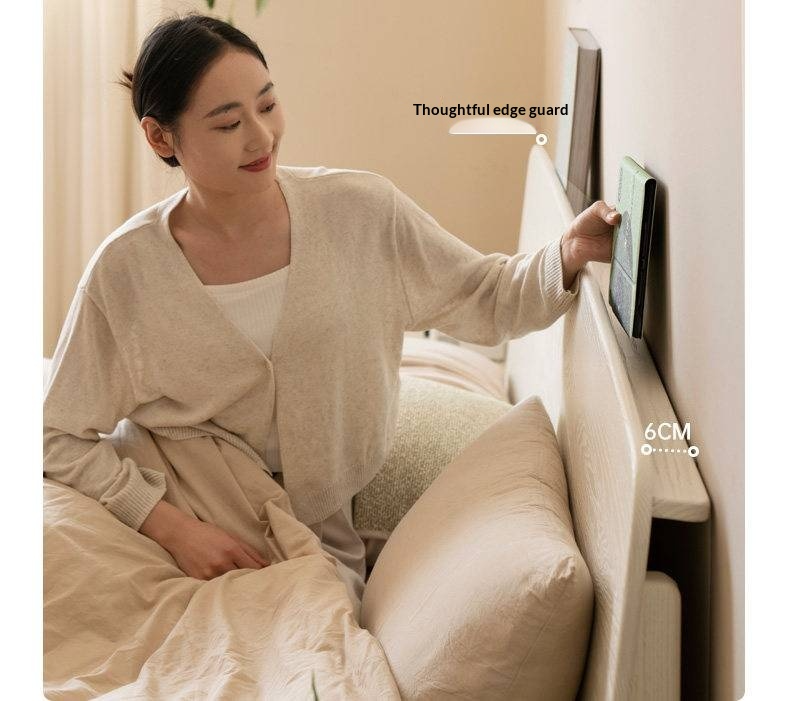 Oak Solid Wood Bed — Cream Style with Slanted Backrest