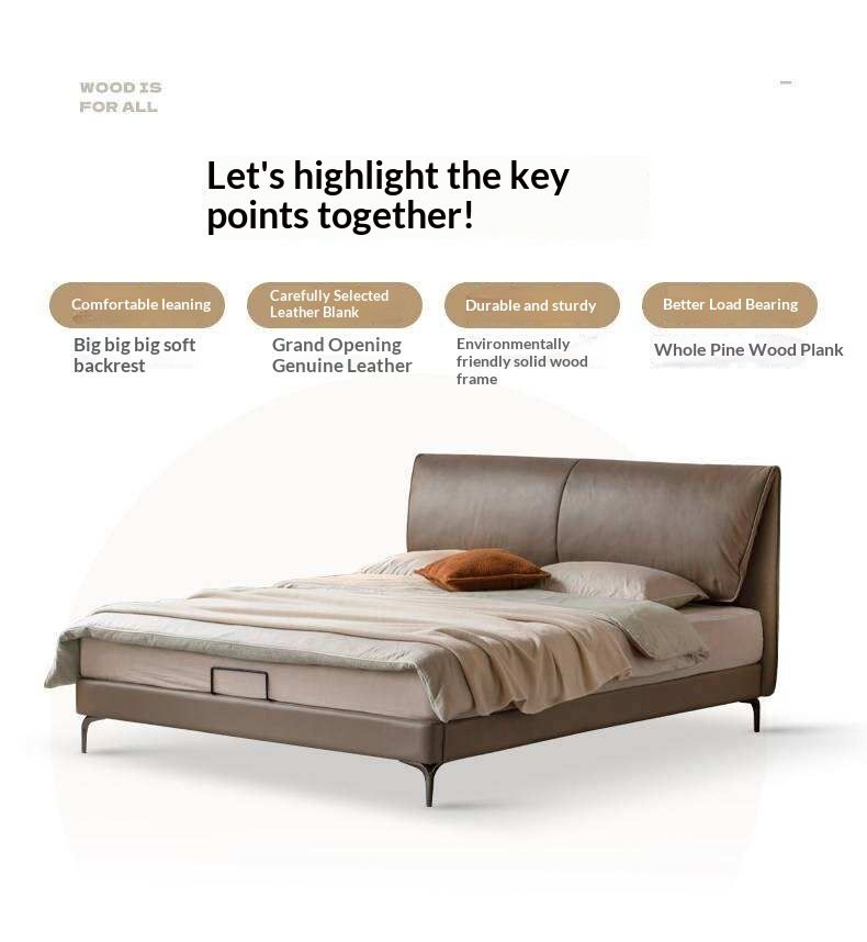 Genuine Leather Sculpted Curved Bed with Tall Sloped Headboard
