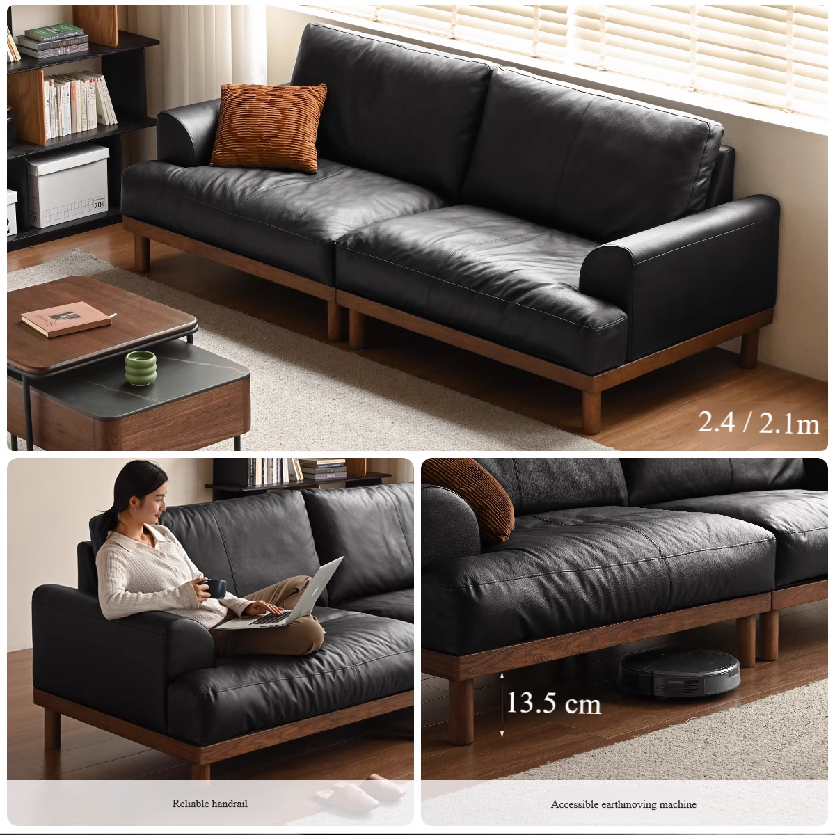 Oak Solid Wood Genuine Leather Sofa