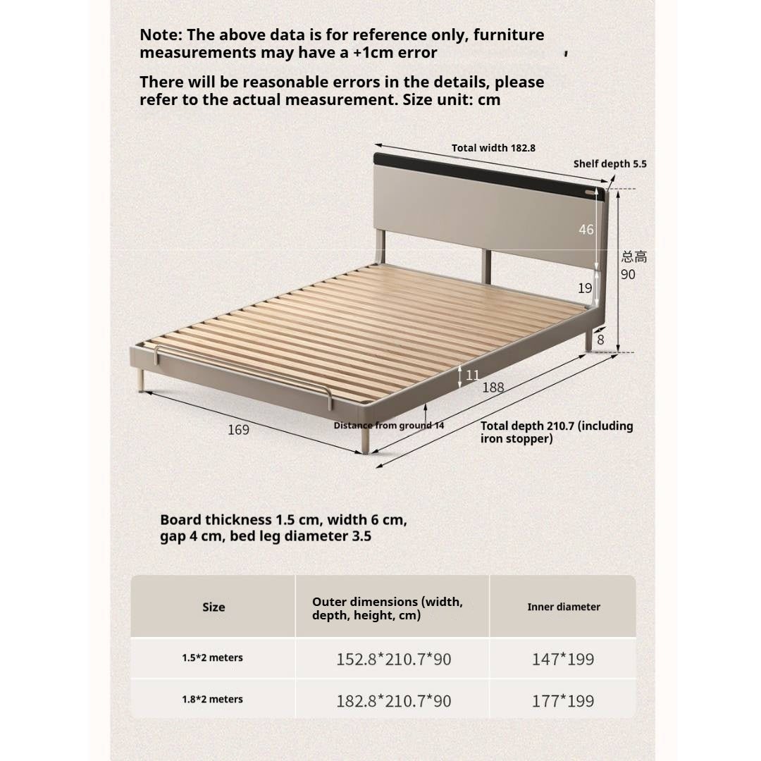 Rubberwood Solid Wood Bauhaus Platform Bed with Adjustable Headboard and Stainless Steel Legs