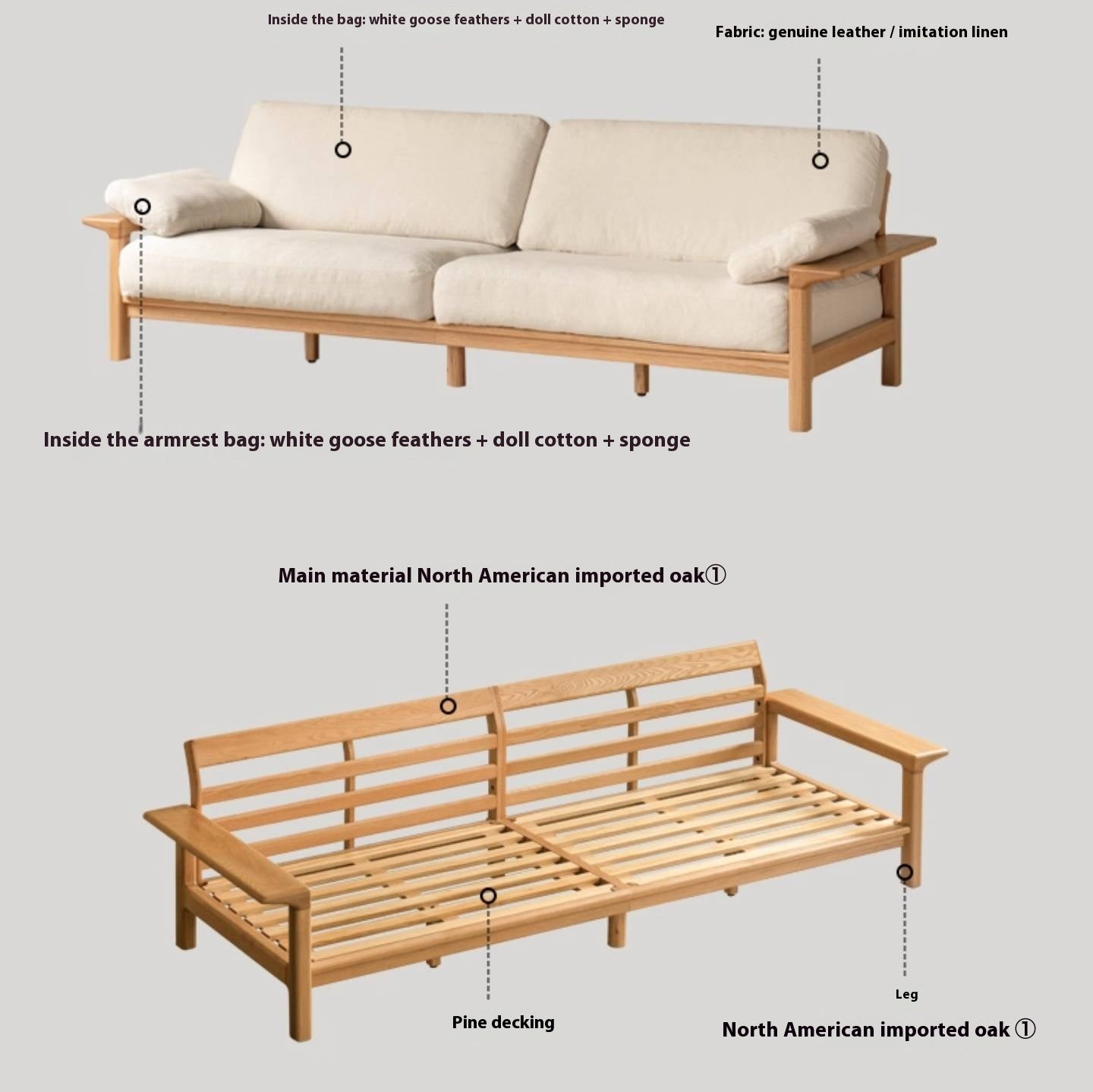 Oak, Ash Solid Wood Wabi Sabi Style Genuine Leather Sofa, fabric sofa