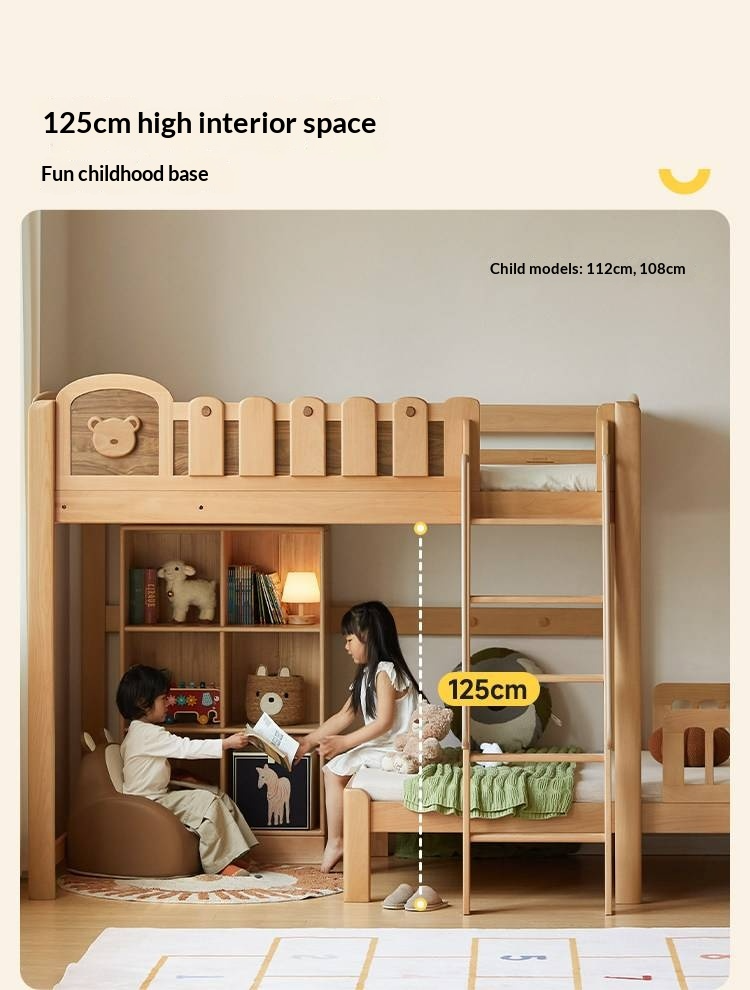 Beech Solid Wood L-Shaped Bunk Bed with Bookshelf Headboard and Detachable Guardrail