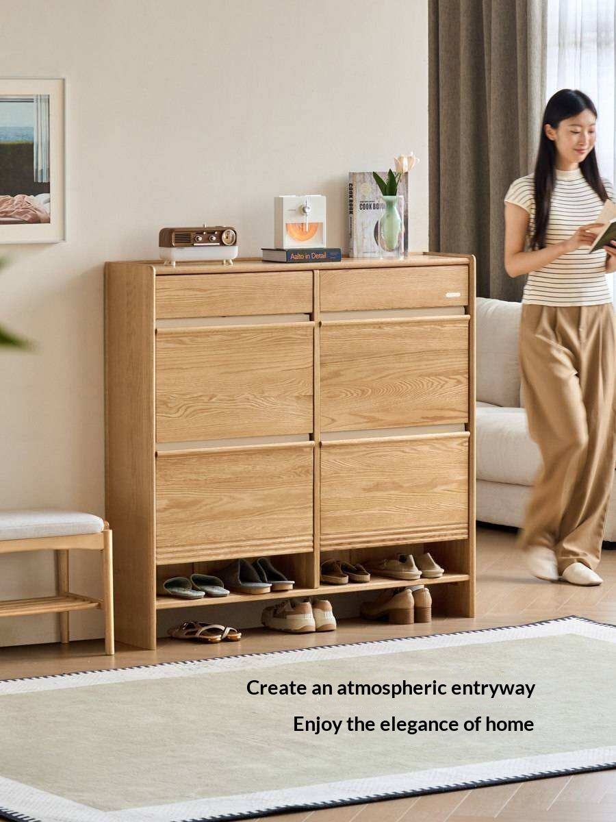 Oak Solid Wood Slim Entryway Shoe Cabinet with Tilt-Out Compartments and Drawers