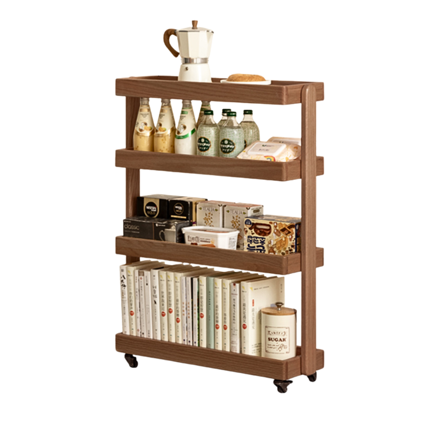 Oak Solid Wood Mobile Storage Rack Cart Ultra Narrow